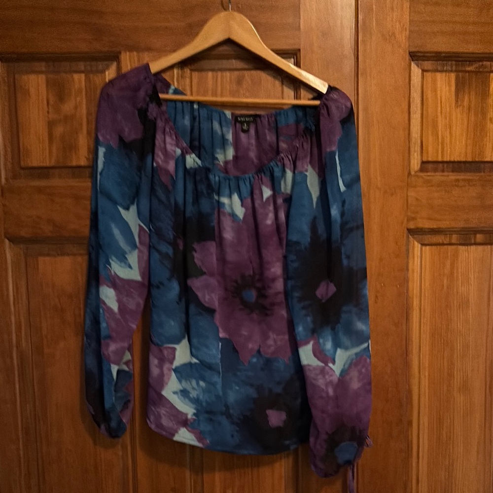 Nine West Purple and Blue Long Sleeve Smocked Blouse